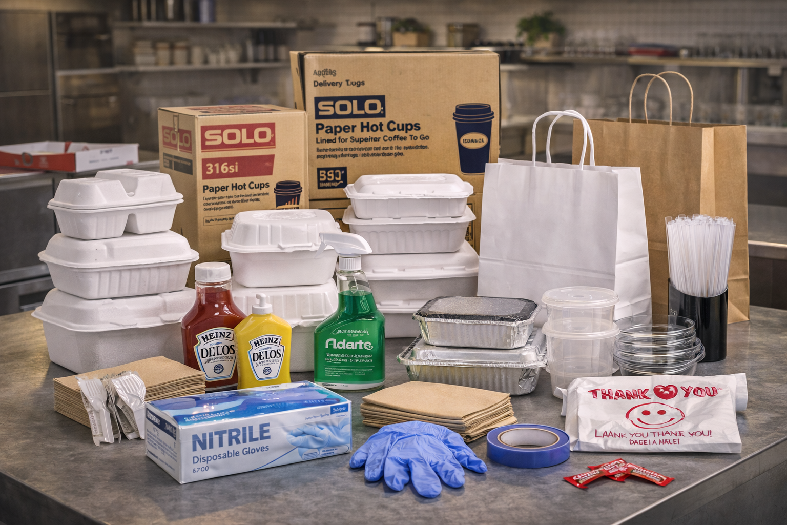 Takeout and delivery station with clamshell containers, cups, cutlery and bags
